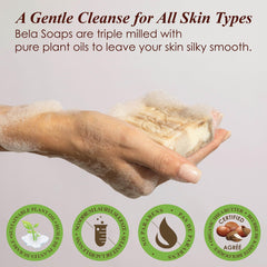 BELA Sandalwood Soap with organic shea butter nourishes skin during wash.