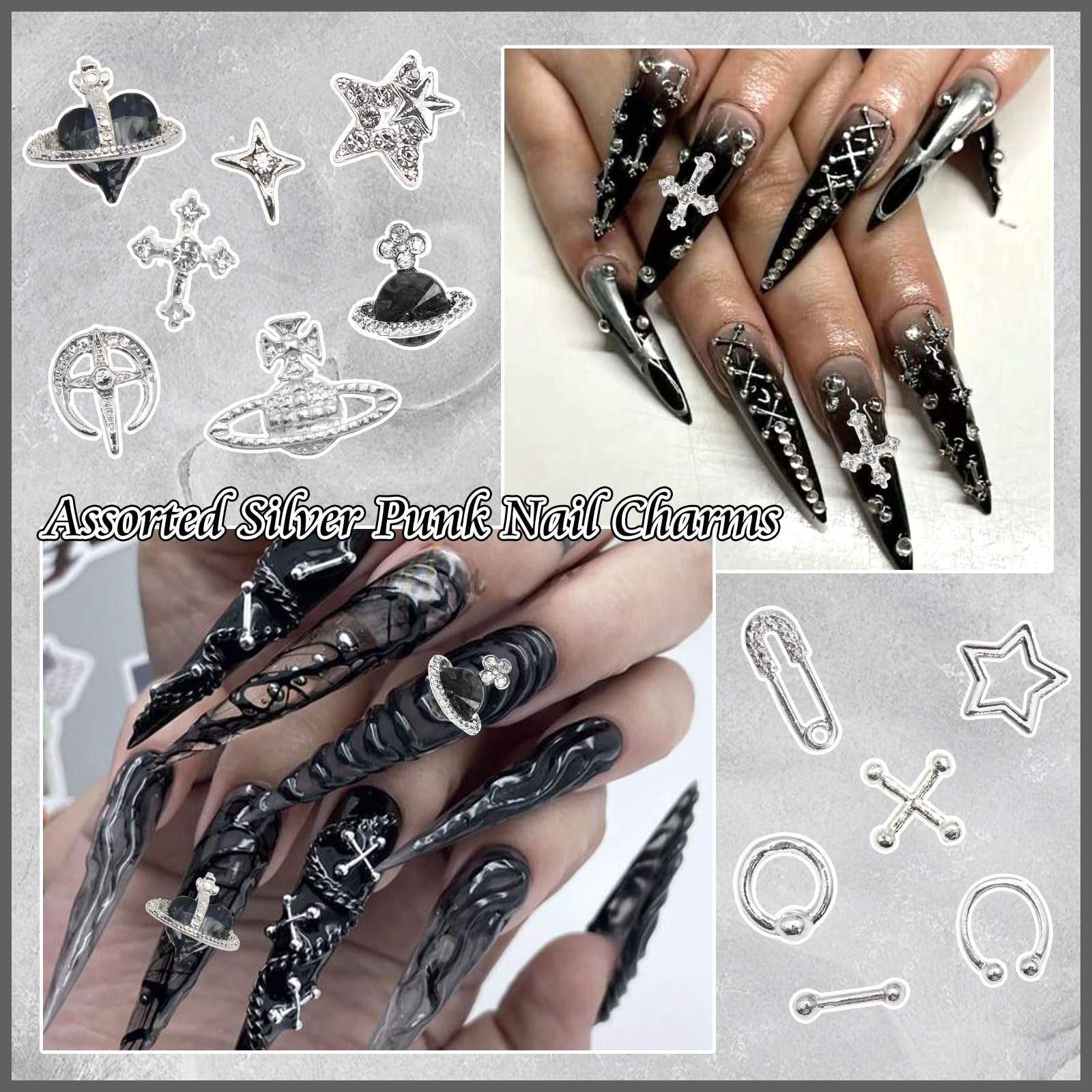 BELICEY silver gemstone charm enhances nails with bright rhinestones