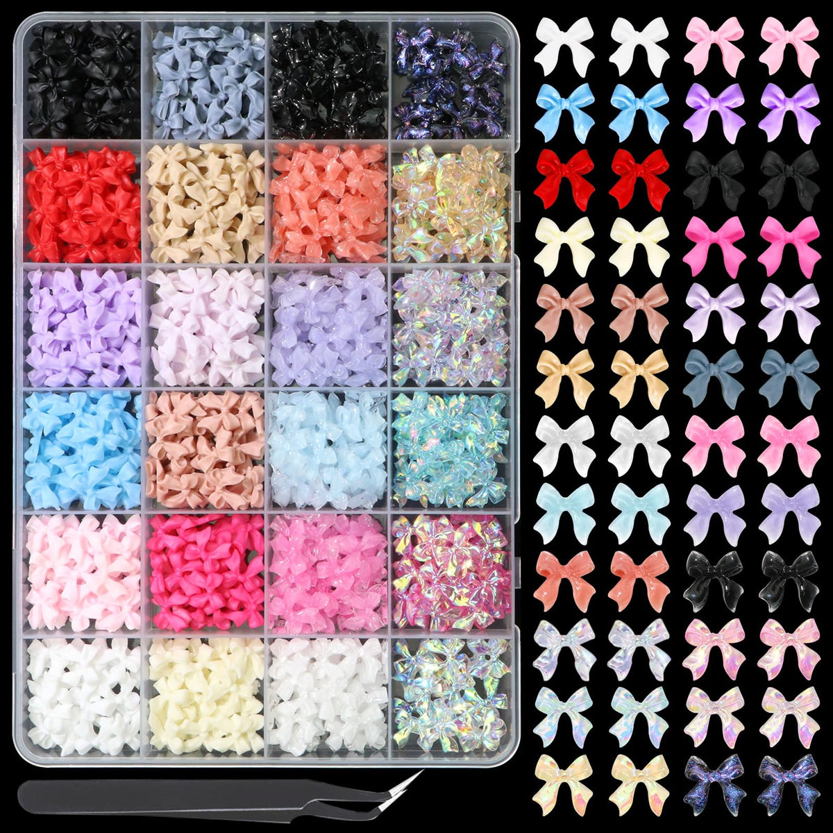 BELICEY Bow Nail Charms 24-grid set ready for versatile nail art projects.