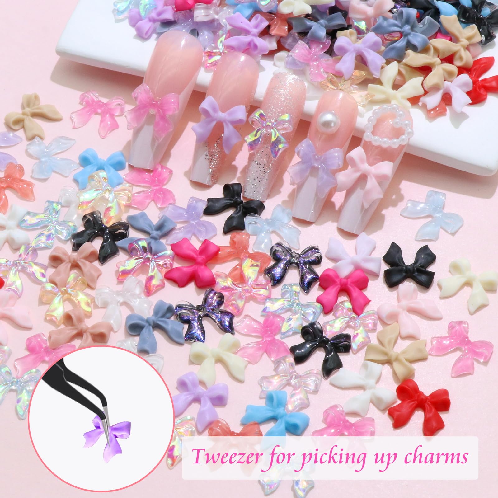 BELICEY Bow Nail Charms includes tweezer for precise placement.