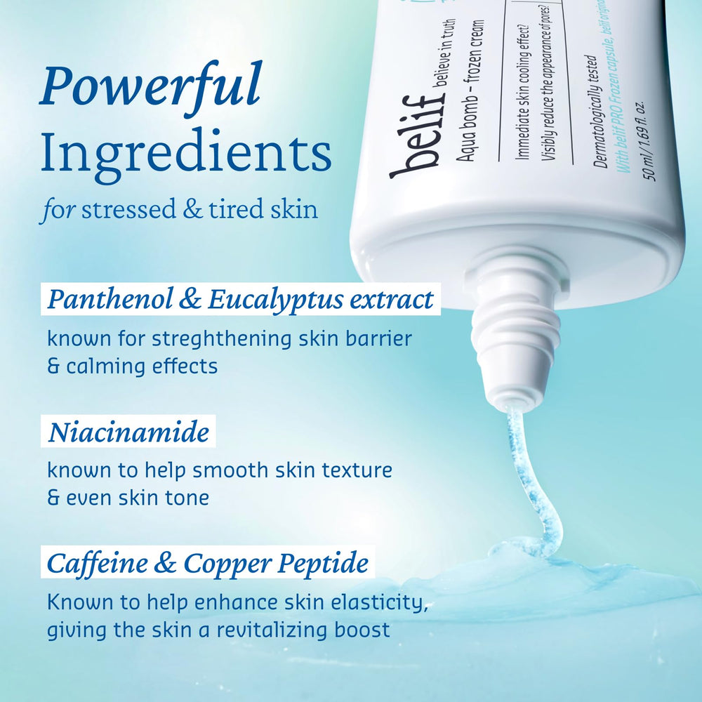 Belif Aqua Bomb with caffeine helps depuff and refresh mornings.