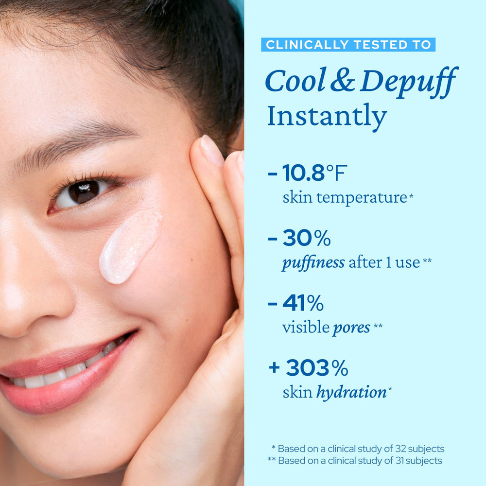 Belif Aqua Bomb applied on skin demonstrates soothing cooling on cheeks.