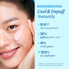 Belif Aqua Bomb applied on skin demonstrates soothing cooling on cheeks.