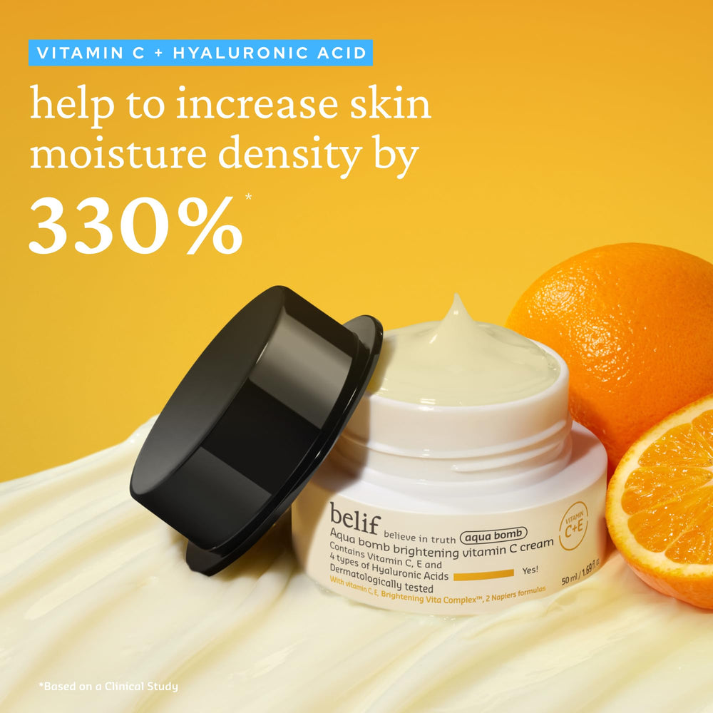 belif Aqua Bomb close-up highlighting four types of hyaluronic acid for deep moisture.