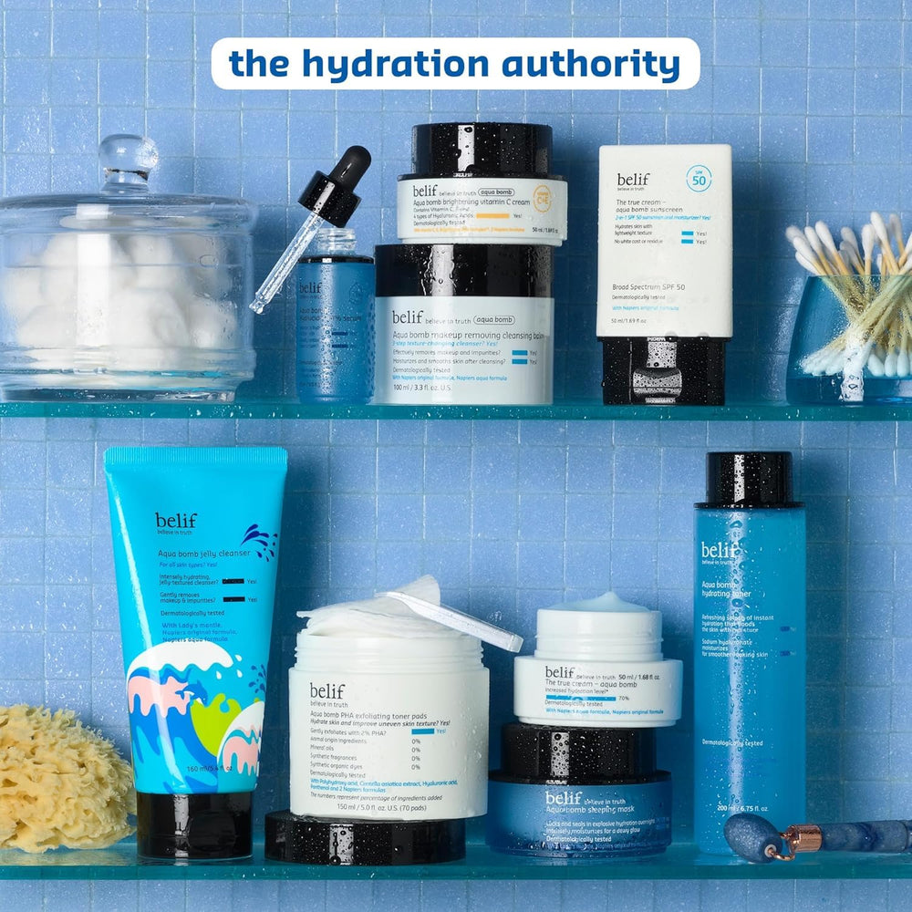 belif Aqua Bomb hydration supports a healthy-looking glow.
