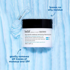 belif Aqua Bomb close-up of makeup removal with a mess-free cleanse.