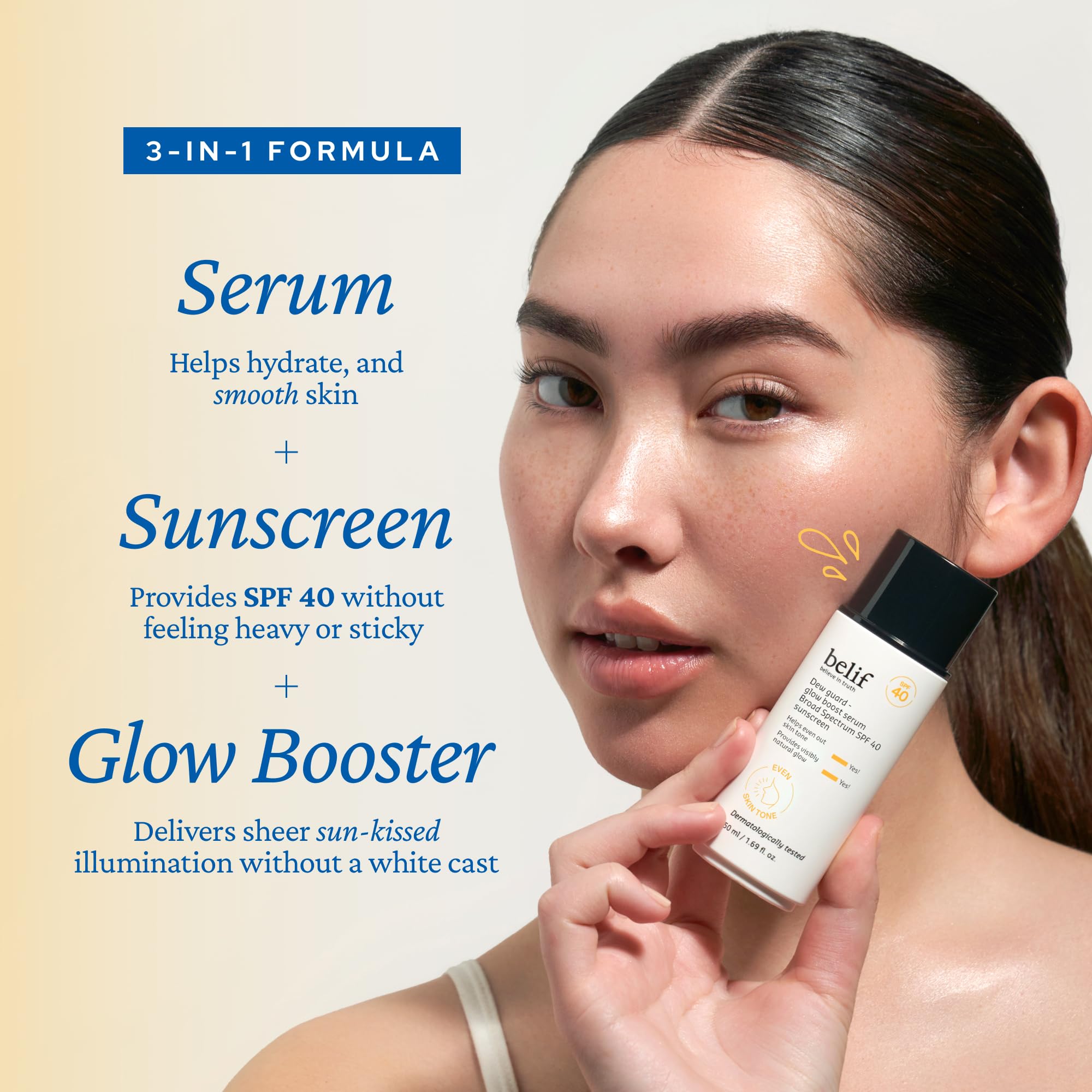 belif Dew Guard Glow Tint being applied for a dewy complexion.