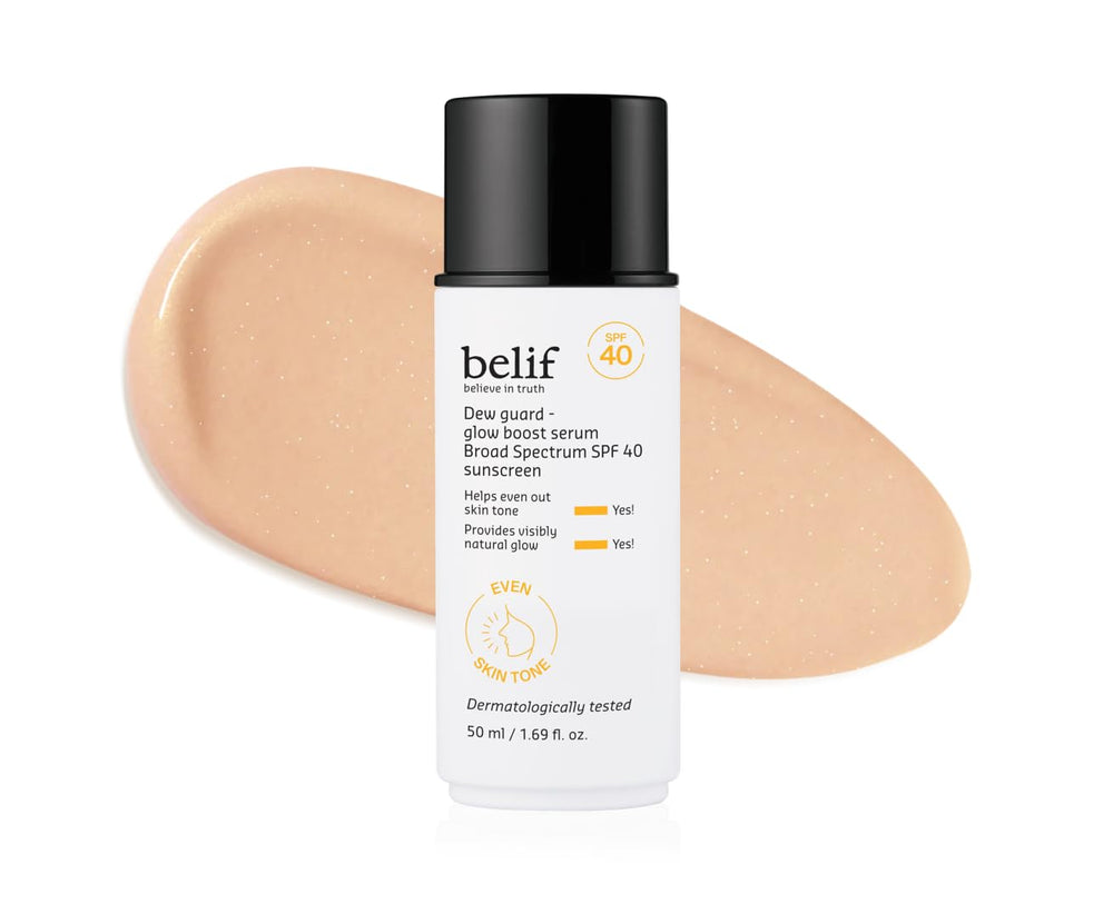 belif Dew Guard Vitamin C Glow Tint bottle shows hydration and SPF 40.