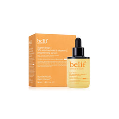 Belif Niacinamide 5% Vitamin C serum bottle on vanity suggesting brighter, more even-toned skin.