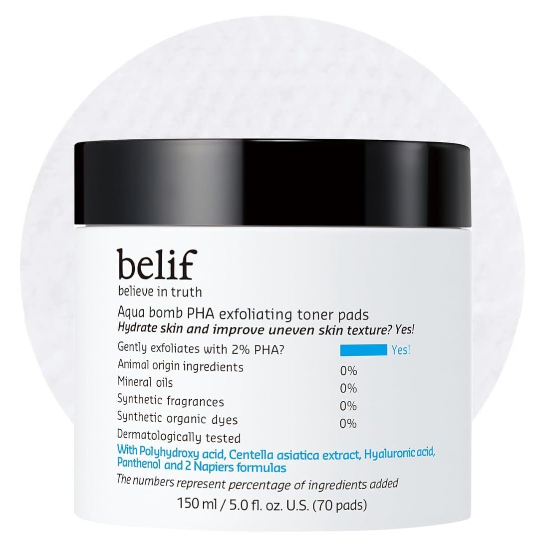 Belif PHA 2% Toner Pads embossed side exfoliates for refined pores.