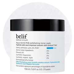 Belif PHA 2% Toner Pads embossed side exfoliates for refined pores.