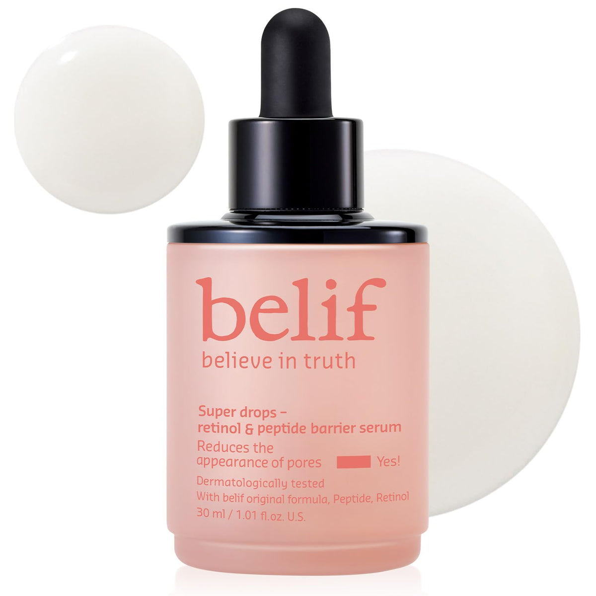 Belif Retinol and Peptide Super Drops bottle; signals firming and smoothing daily care.