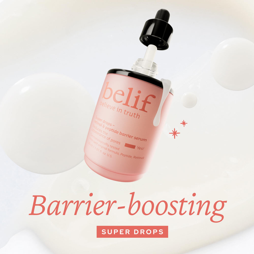 Belif Retinol and Peptide Super Drops dropper; precise application for renewed skin texture.