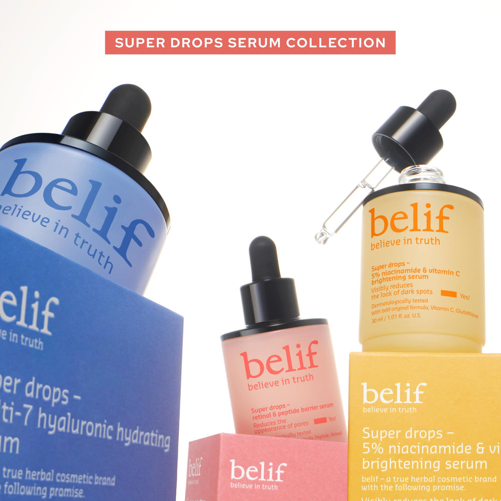 Hand applying Belif serum for quick absorption and balanced skin.