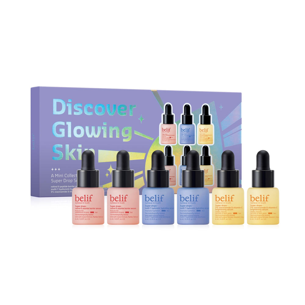 belif Super Drops Discovery Kit box front for easy trial of glow-enhancing serums