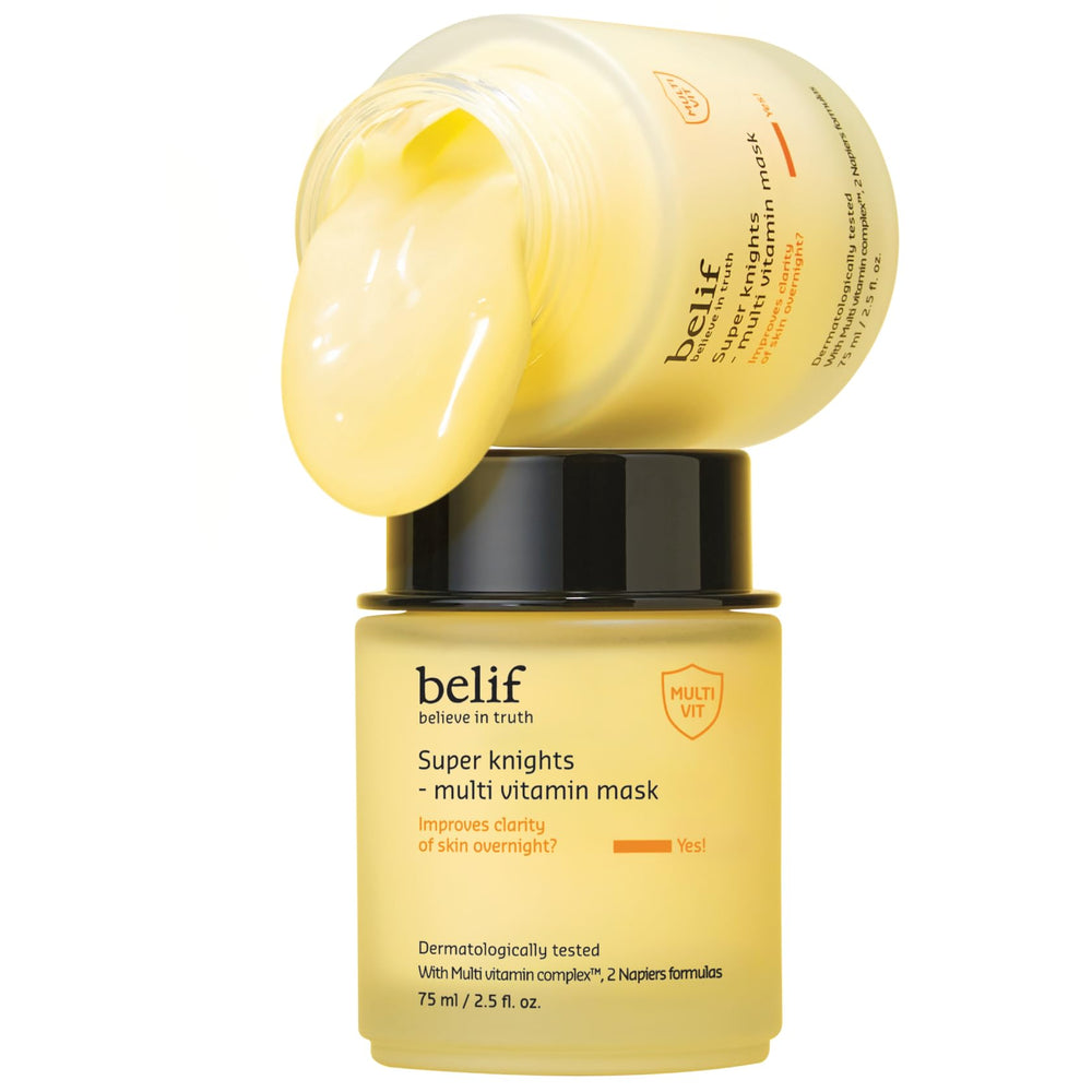 Belif Vitamin C Overnight Butter Mask jar closeup highlights rich hydration for radiant skin.