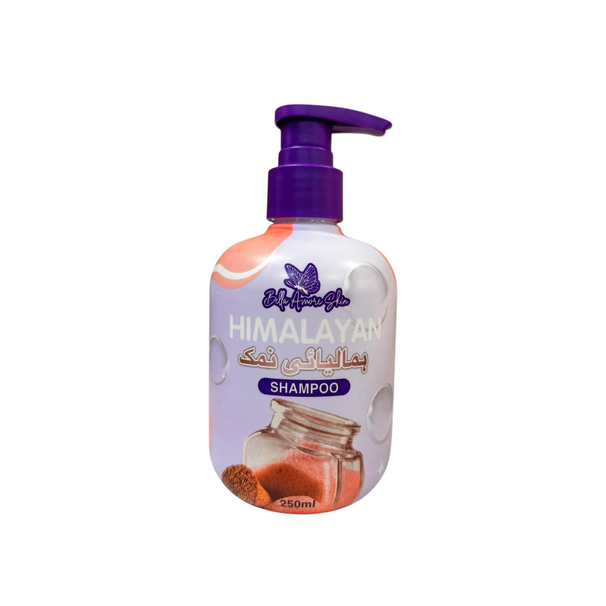 Bella Amore Himalayan Shampoo bottle showing a gentle, moisturizing cleanse for all hair types.