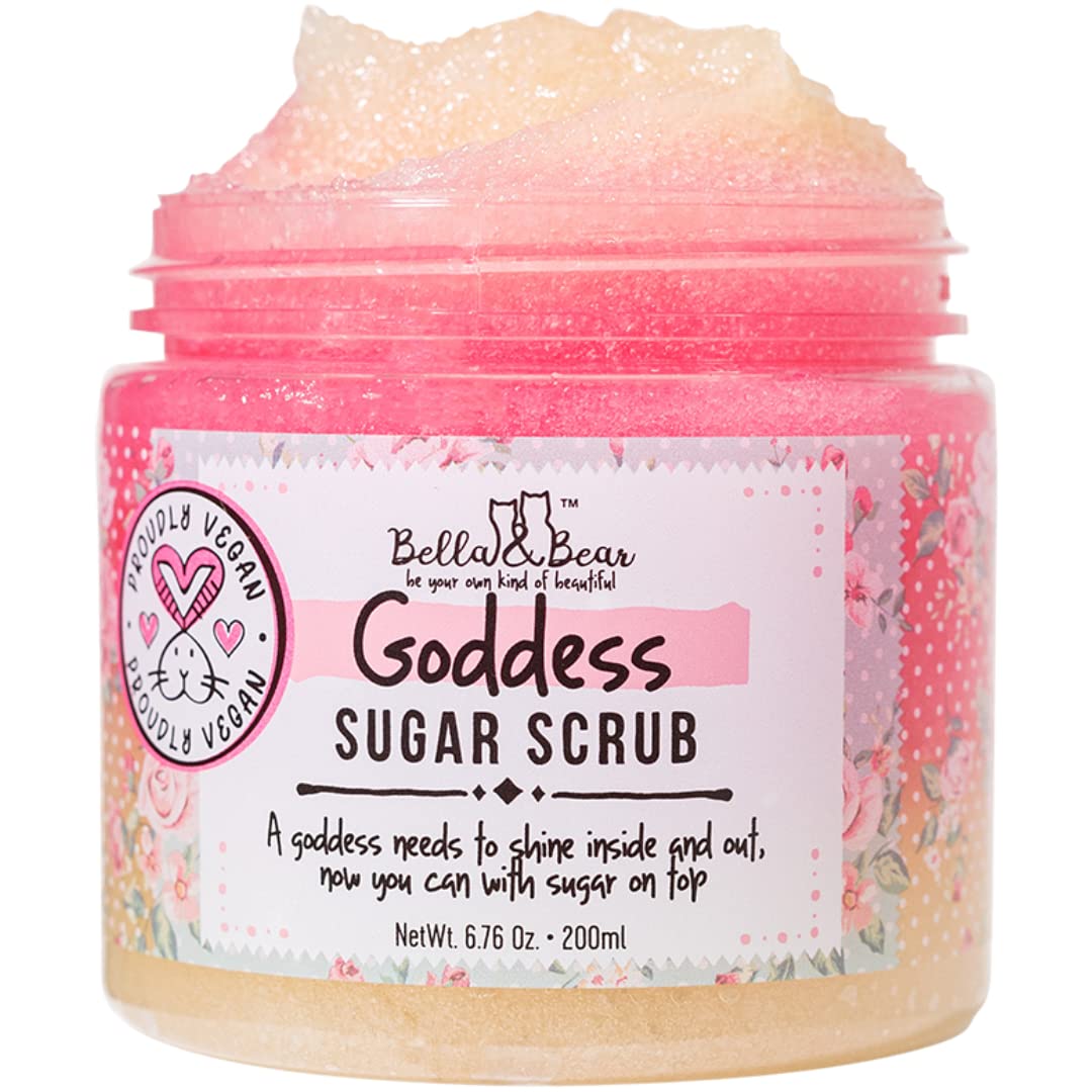 Bella & Bear Goddess Sugar Scrub bottle with pump for quick exfoliation during showers.