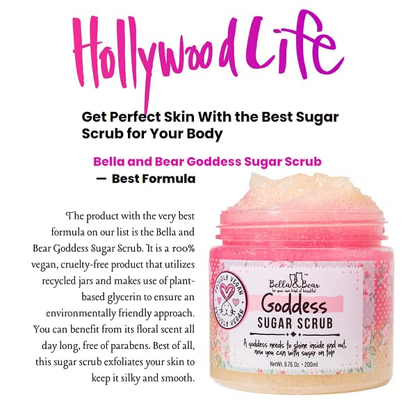 Bella & Bear Goddess Sugar Scrub jar close-up highlights 3-in-1 formula.