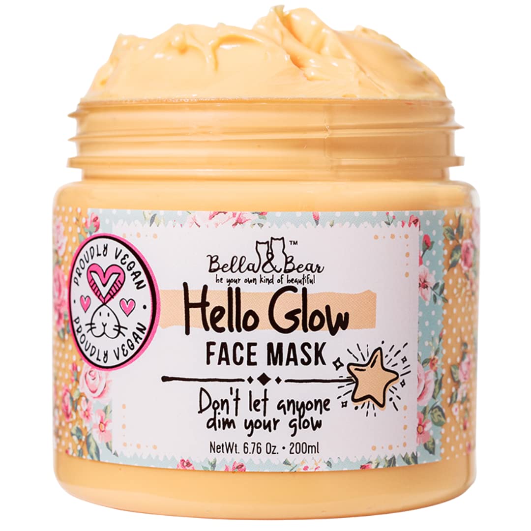 Bella & Bear Hello Glow mask jar close-up showing creamy clay texture for brightening.