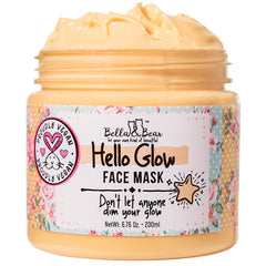 Bella & Bear Hello Glow mask jar close-up showing creamy clay texture for brightening.