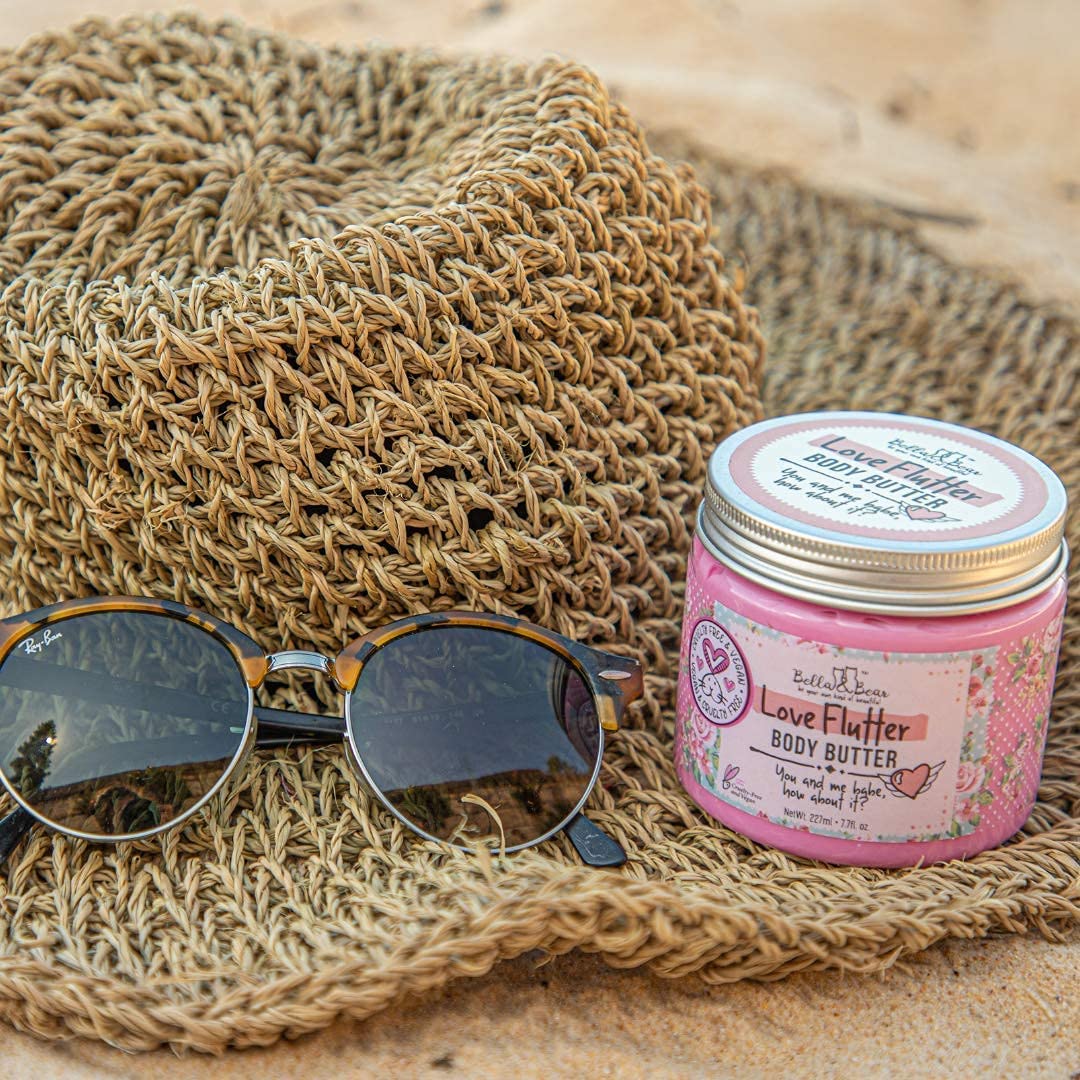 Bella and Bear Love Flutter butter label front highlights vegan cruelty-free formula