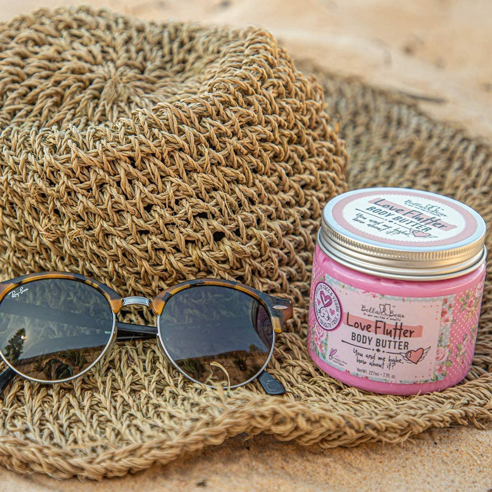 Bella and Bear Love Flutter butter label front highlights vegan cruelty-free formula