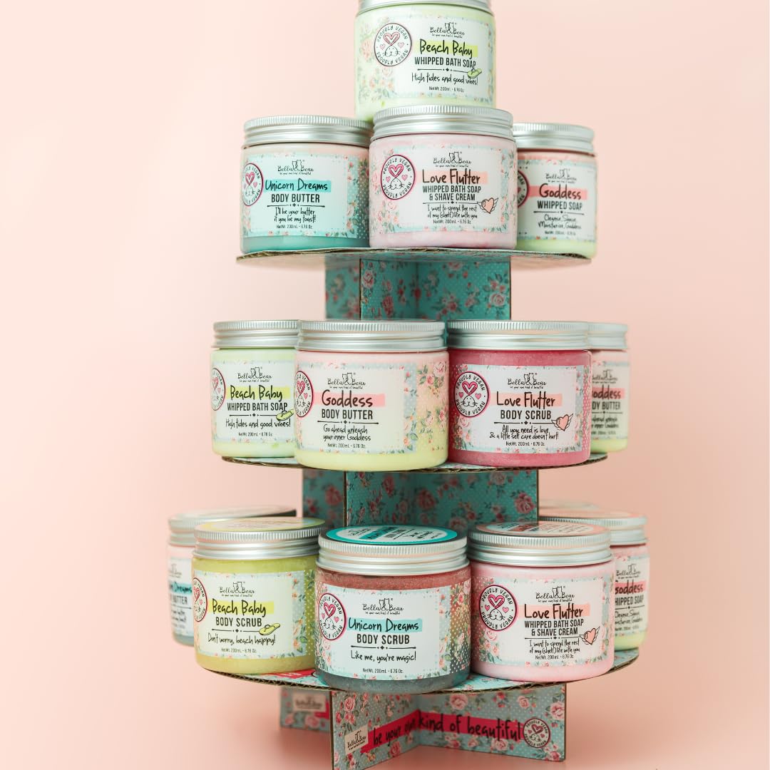 Close-up of Bella & Bear skincare lineup with hydrating formulas.