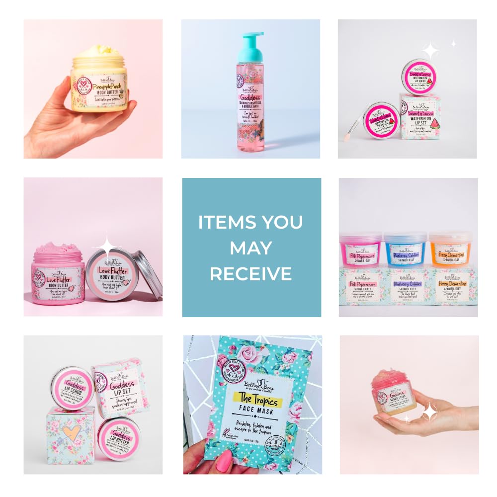 Opened Bella & Bear Mystery Box reveals a curated mix of bath and skincare items.