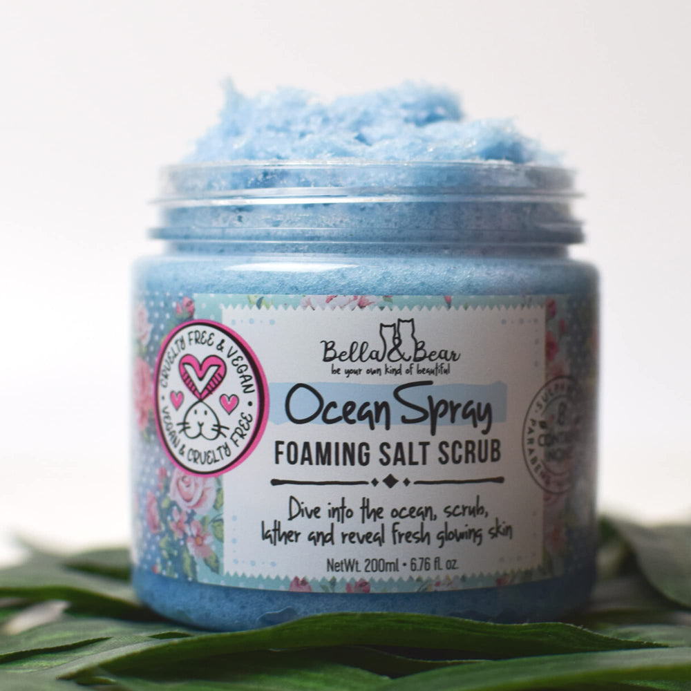 Bella and Bear Ocean Spray Scrub applying on damp skin for gentle exfoliation.