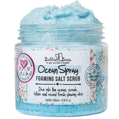 Bella and Bear Ocean Spray Scrub bottle with refreshing ocean scent for morning routine.