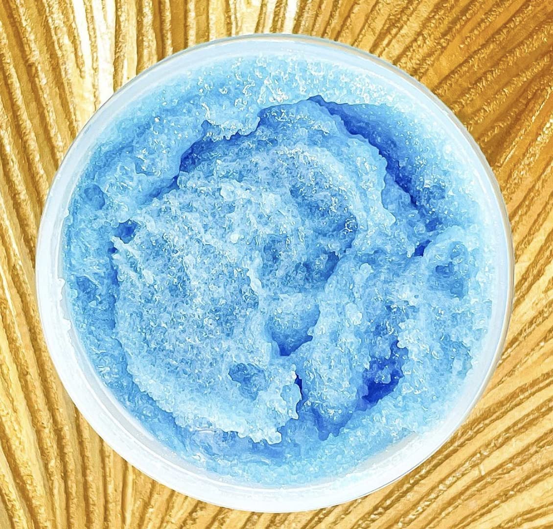 Bella and Bear Ocean Spray Scrub jar closeup highlights natural exfoliating texture.