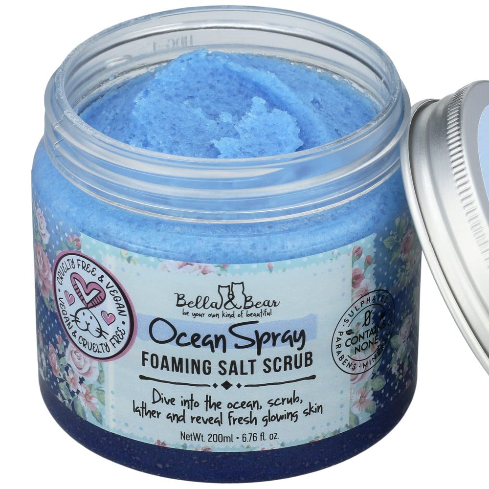 Bella and Bear Ocean Spray Scrub packaging shows cruelty-free and vegan-friendly icons.