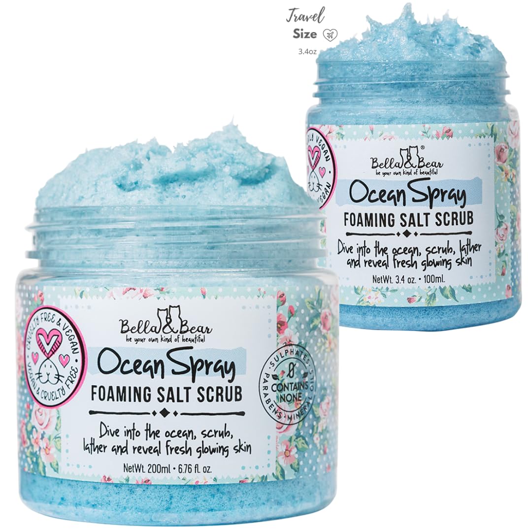 Bella and Bear Ocean Spray Scrub vegan-friendly formula highlighted on the packaging.