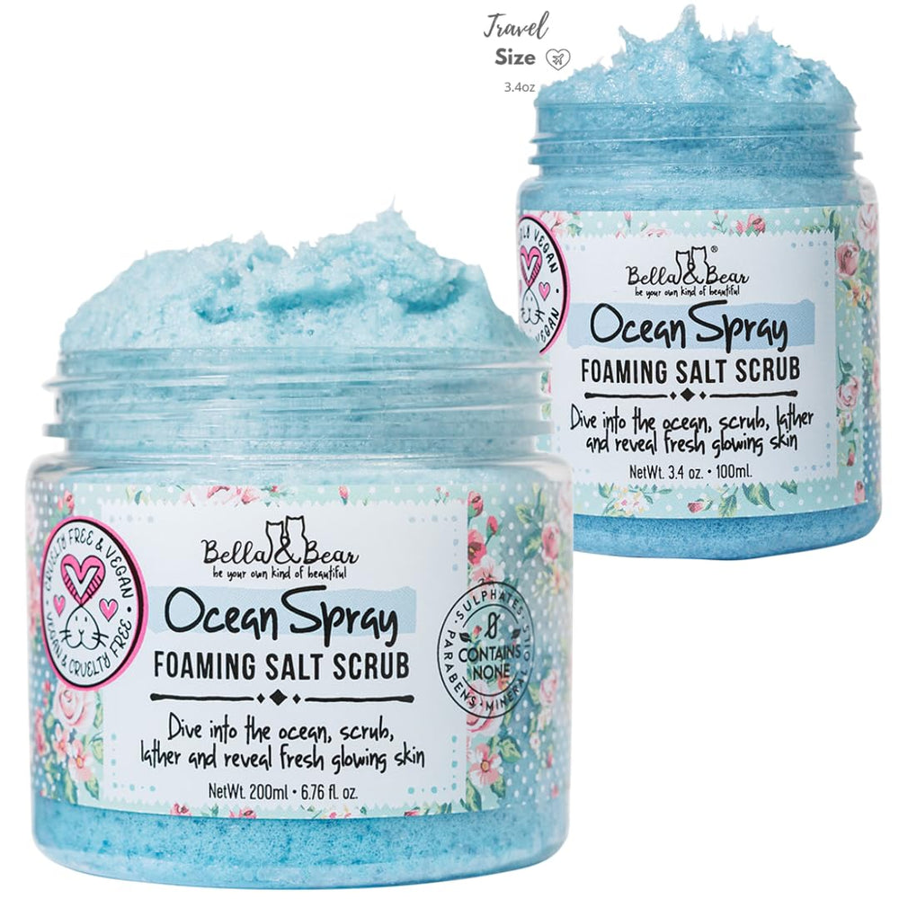 Bella and Bear Ocean Spray Scrub vegan-friendly formula highlighted on the packaging.