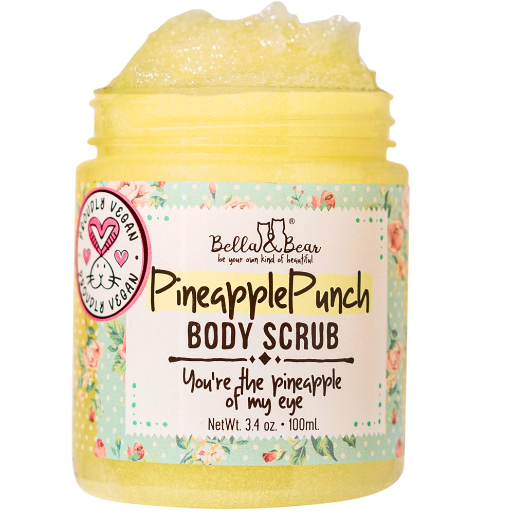 Bella & Bear Pineapple Scrub jar close-up showing exfoliating texture for smoother skin