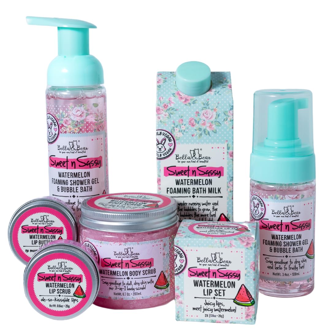 Bella & Bear Sweet 'n' Sassy Watermelon bubble bath tub ready for a playful, fragrant soak