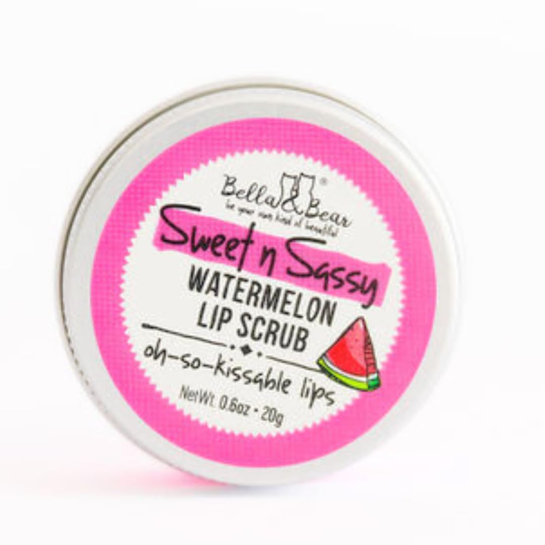 Bella and Bear Sweet 'n' Sassy Watermelon lip scrub jar close-up showing smooth texture for soft lips