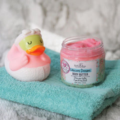 Bella & Bear Unicorn Dreams Body Butter applied for non-greasy finish and quick absorption.