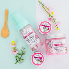 Watermelon scented lip scrub in use by Bella and Bear for exfoliation