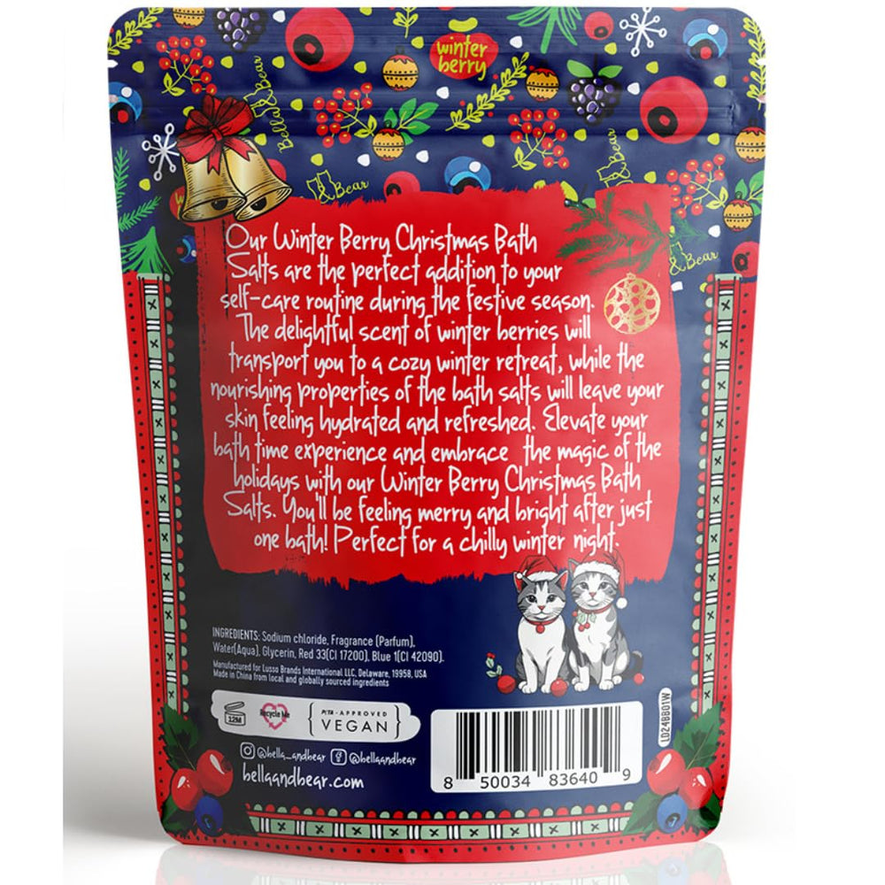 Bella & Bear Winter Berry Bath Salts bottle close-up highlighting berry scent.
