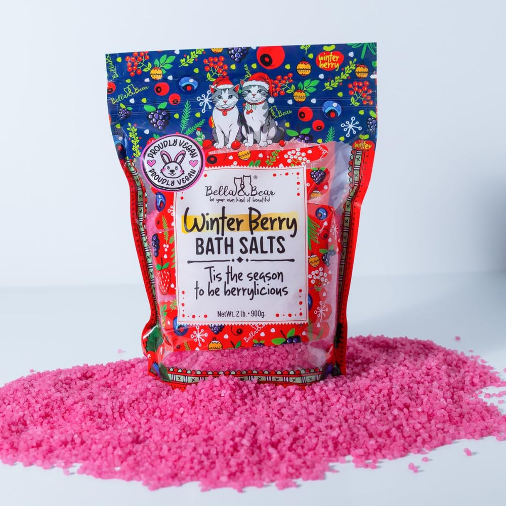 Bella & Bear Winter Berry Bath Salts in tub visuals invite relaxing soak.
