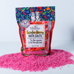 Bella & Bear Winter Berry Bath Salts in tub visuals invite relaxing soak.