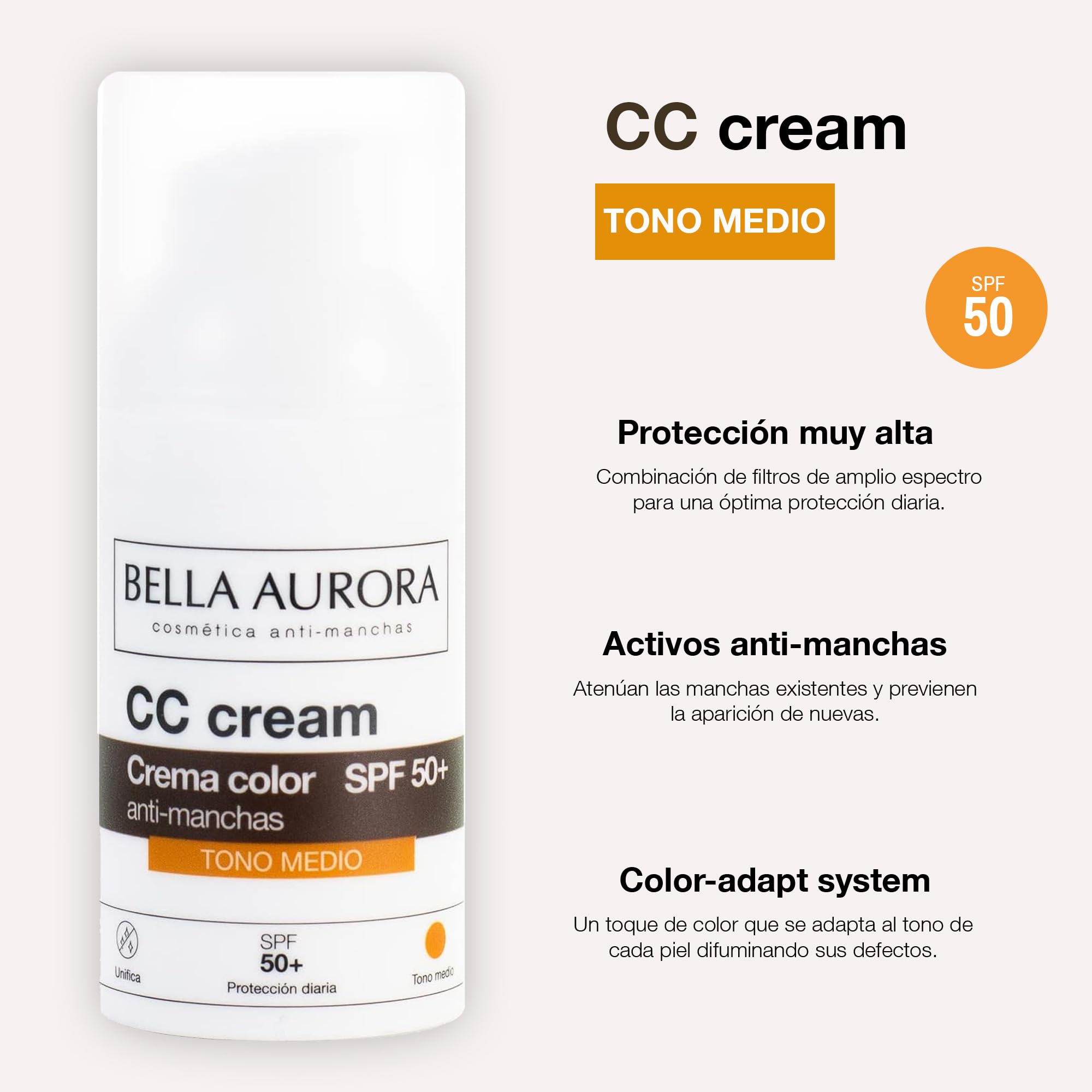 Bella Aurora CC Cream Medium SPF50+ label highlighting broad spectrum protection.
