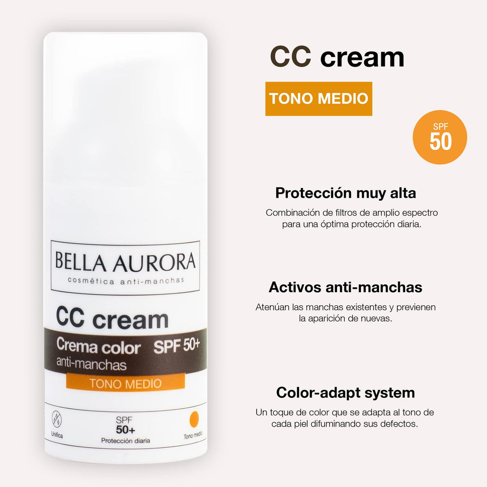 Bella Aurora CC Cream Medium SPF50+ label highlighting broad spectrum protection.