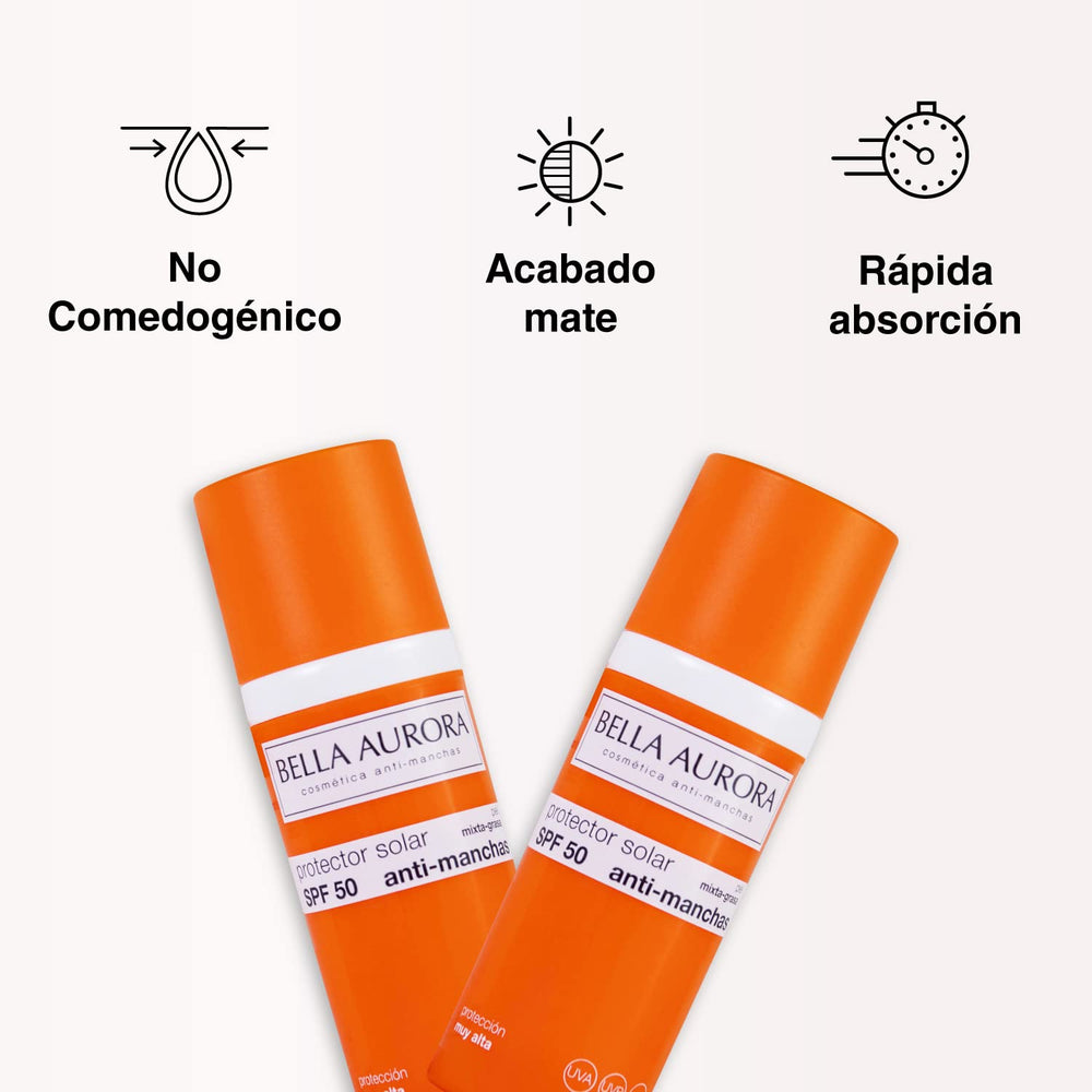 Bella Aurora Gel Solar SPF 50 dispense action, easy pump for precise skincare application.