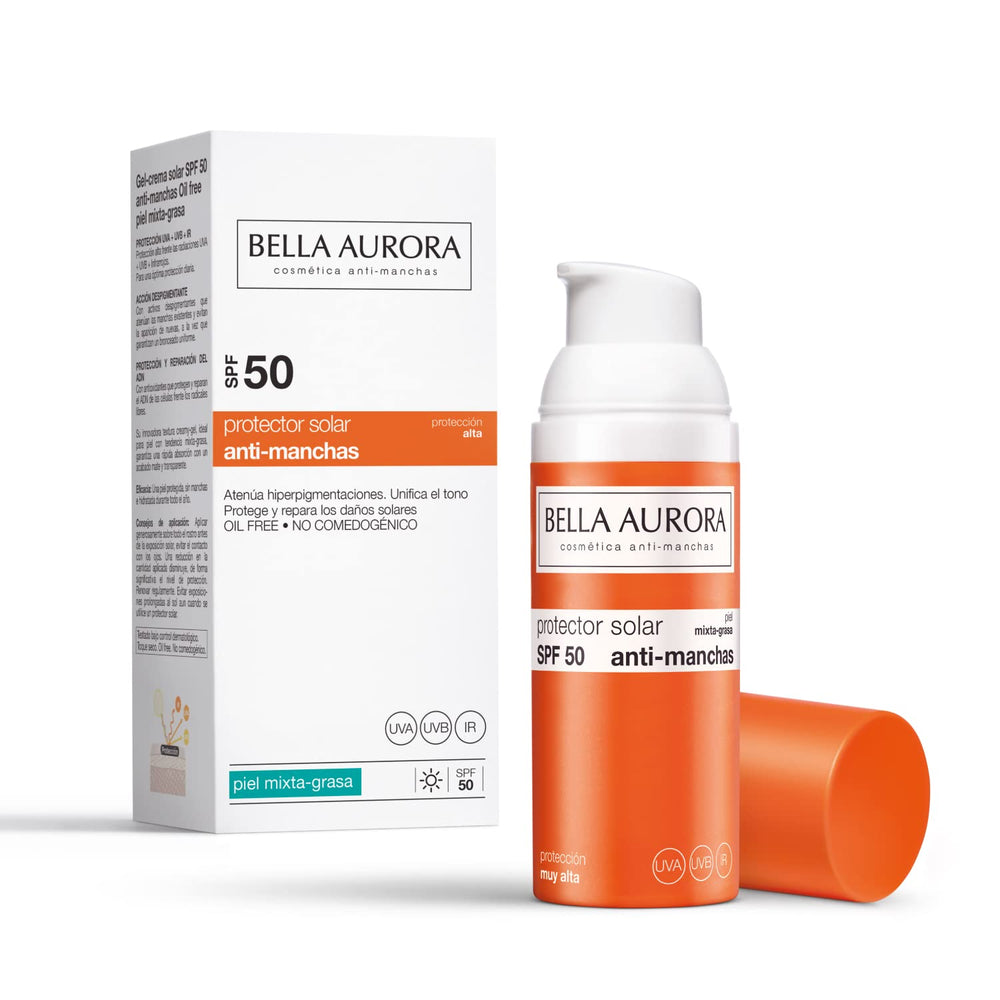 Bella Aurora Gel Solar SPF 50 front view bottle, lightweight sunscreen for daily protection.
