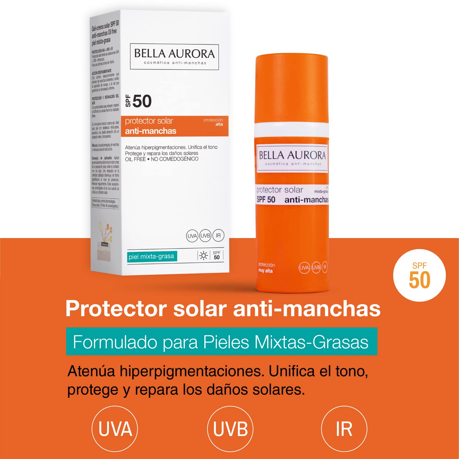 Bella Aurora Gel Solar SPF 50 texture closeup shows non-greasy, quick-absorbing formula.
