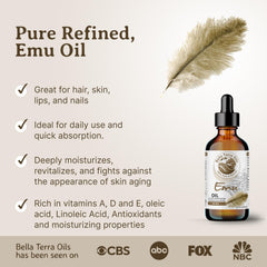 Bella Terra Oils Australian Emu Oil bottle on wood evokes natural beauty routine.