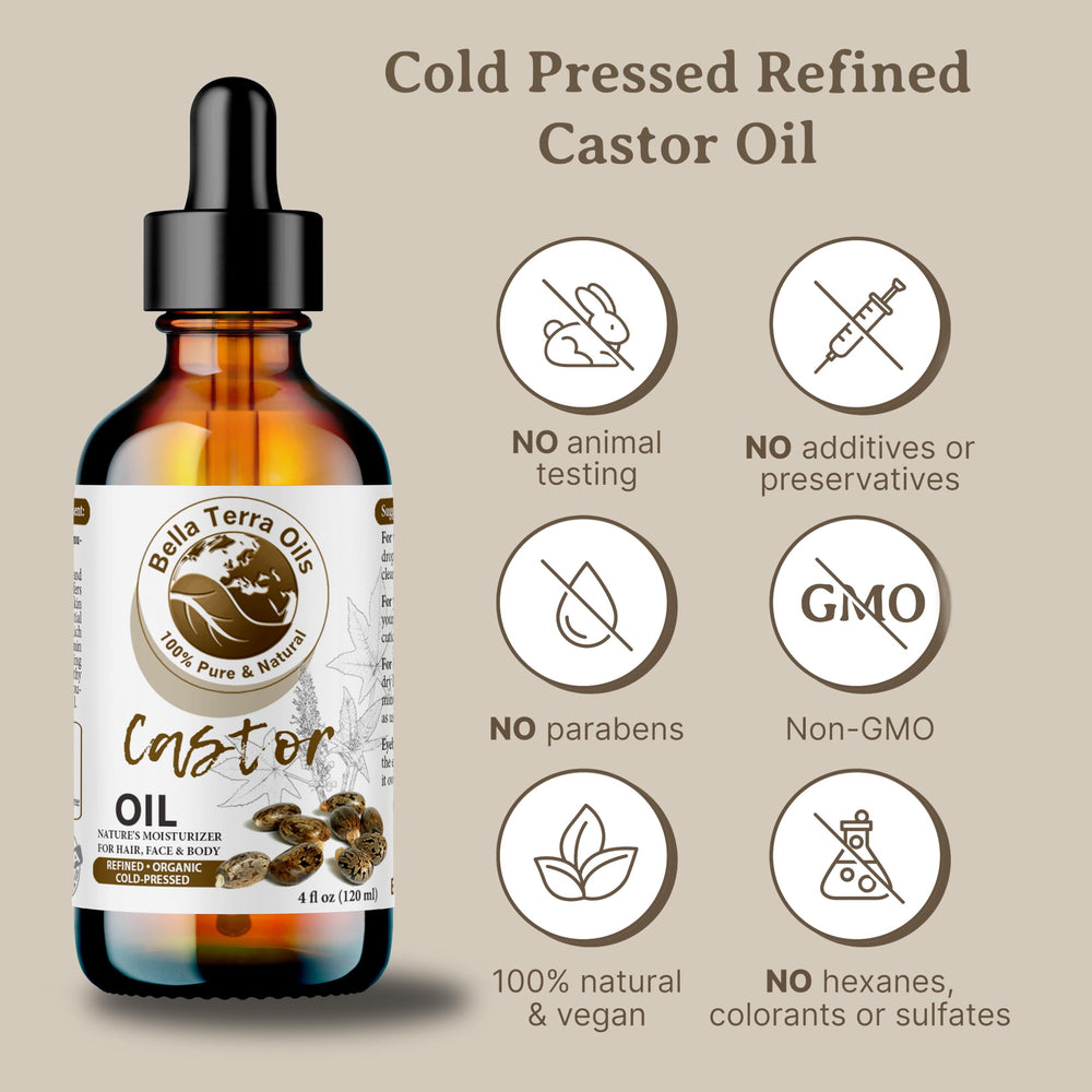Bella Terra Oils castor oil nourishes lashes and brows.
